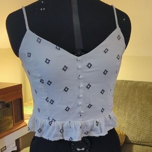 Mind Code White Cropped Spaghetti-Strap Top with Black Embroidery